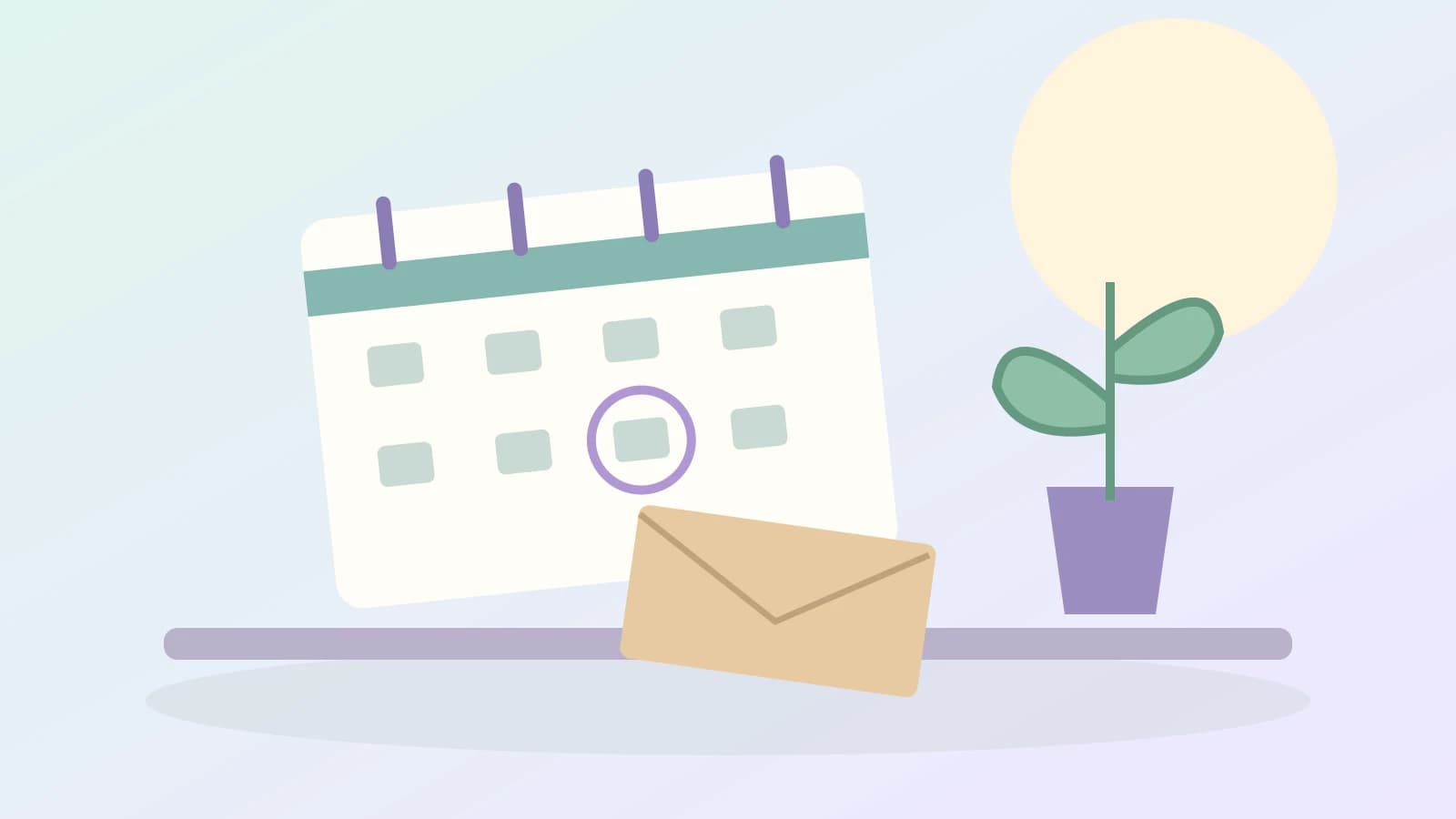 A calendar with one day circled rests beside a closed envelope and a plant on a quiet desk.