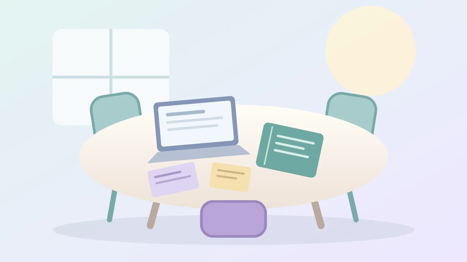 A meeting table with three chairs, shared project cards and a teal notebook beside an open laptop.
