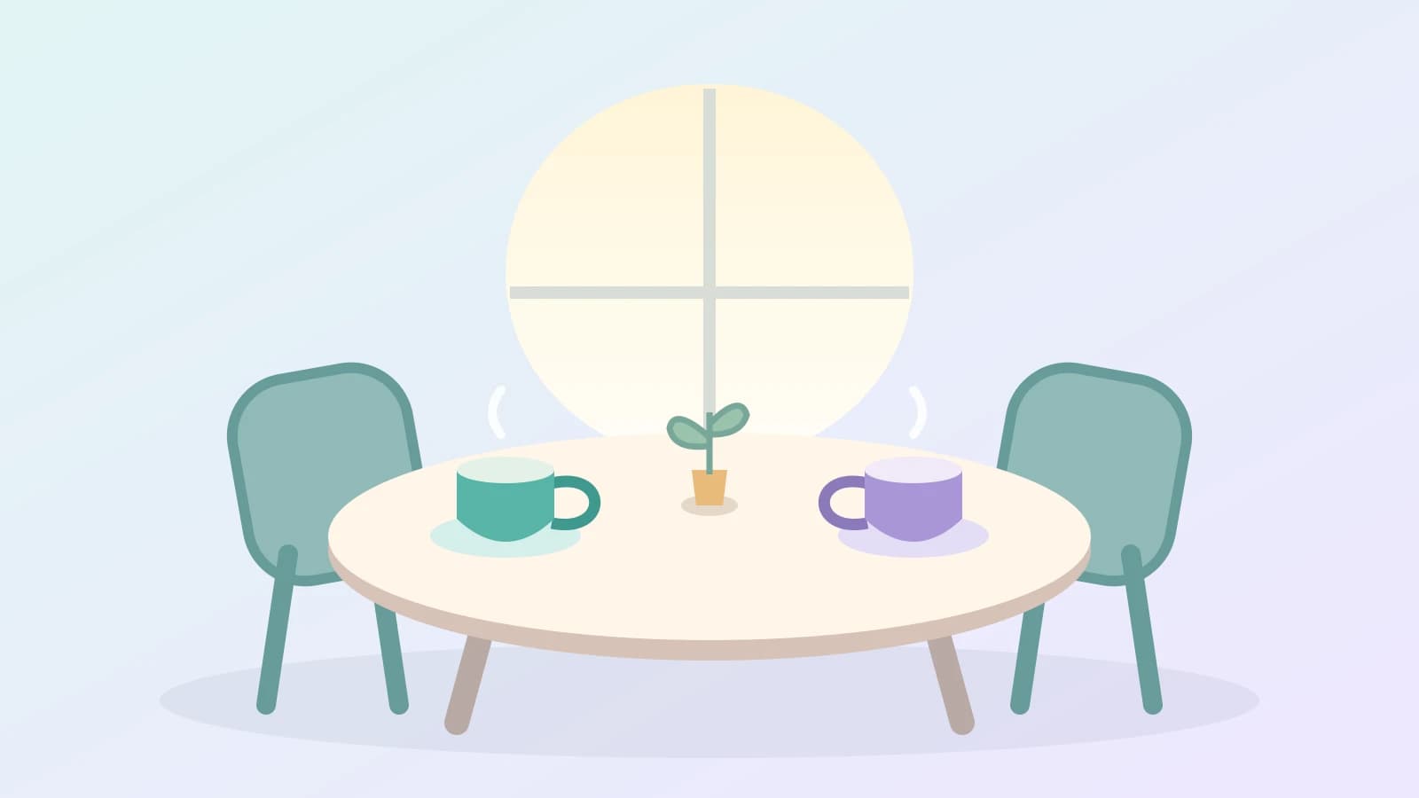 Two cups sit at opposite ends of a softly lit table, with two chairs angled toward each other.