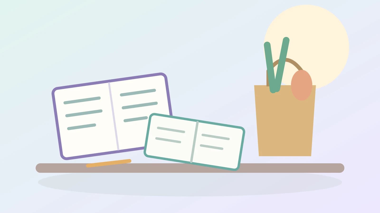 Two open planners sit beside a grocery bag on a kitchen counter, suggesting shared household planning.